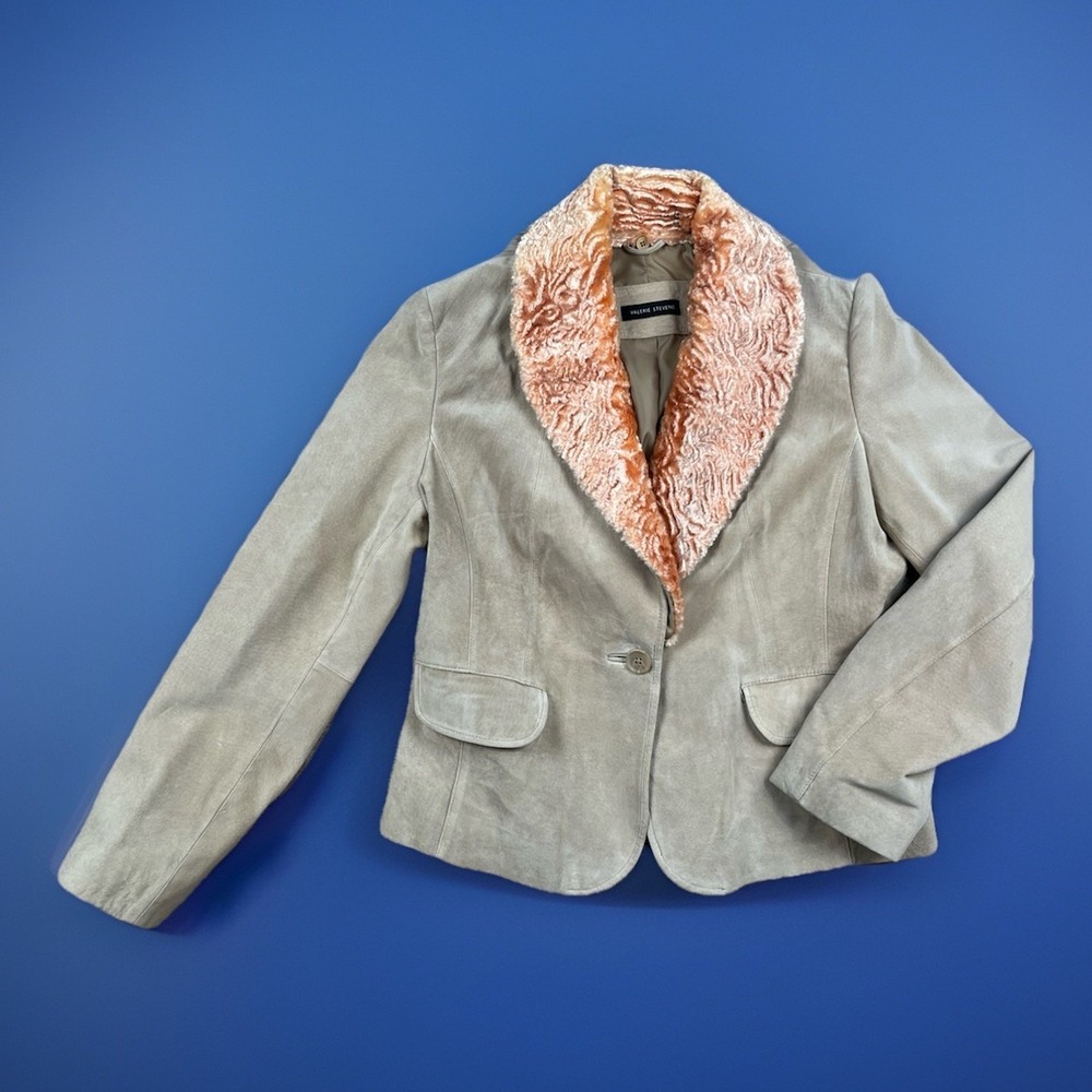 Valerie Stevens Suede Leather Jacket Women's Medium Beige Blazer Collar